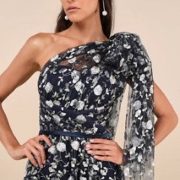 Lulu's Whimsical Allure Navy Mesh Embroidered One-Shoulder Maxi Dress - Picture 7 of 10